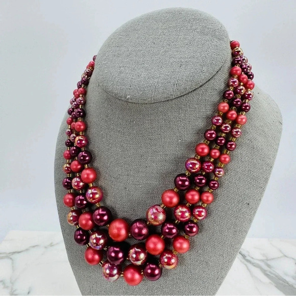 Vintage Japanese Beaded Necklace Glass 3 Strand Berry Purple Iridescent … - Picture 3 of 11